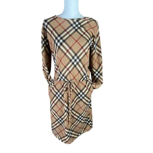 Flamingo Cream Plaid Check Long Sleeve Classic Fitted Dress Wm’s Sz Medium - Picture 1 of 8